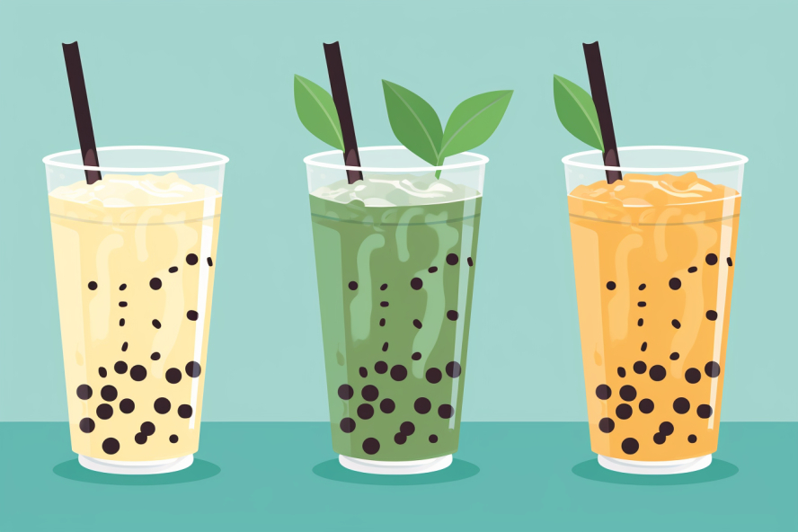 three boba teas sitting on a table