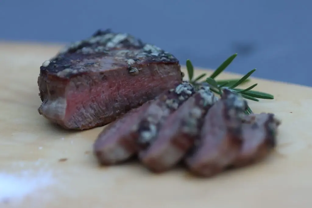 Encrusted steak.