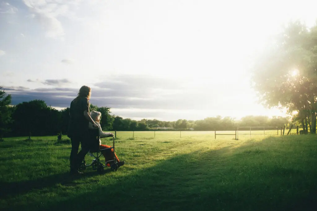 pushing someone in a wheelchair in grassy field