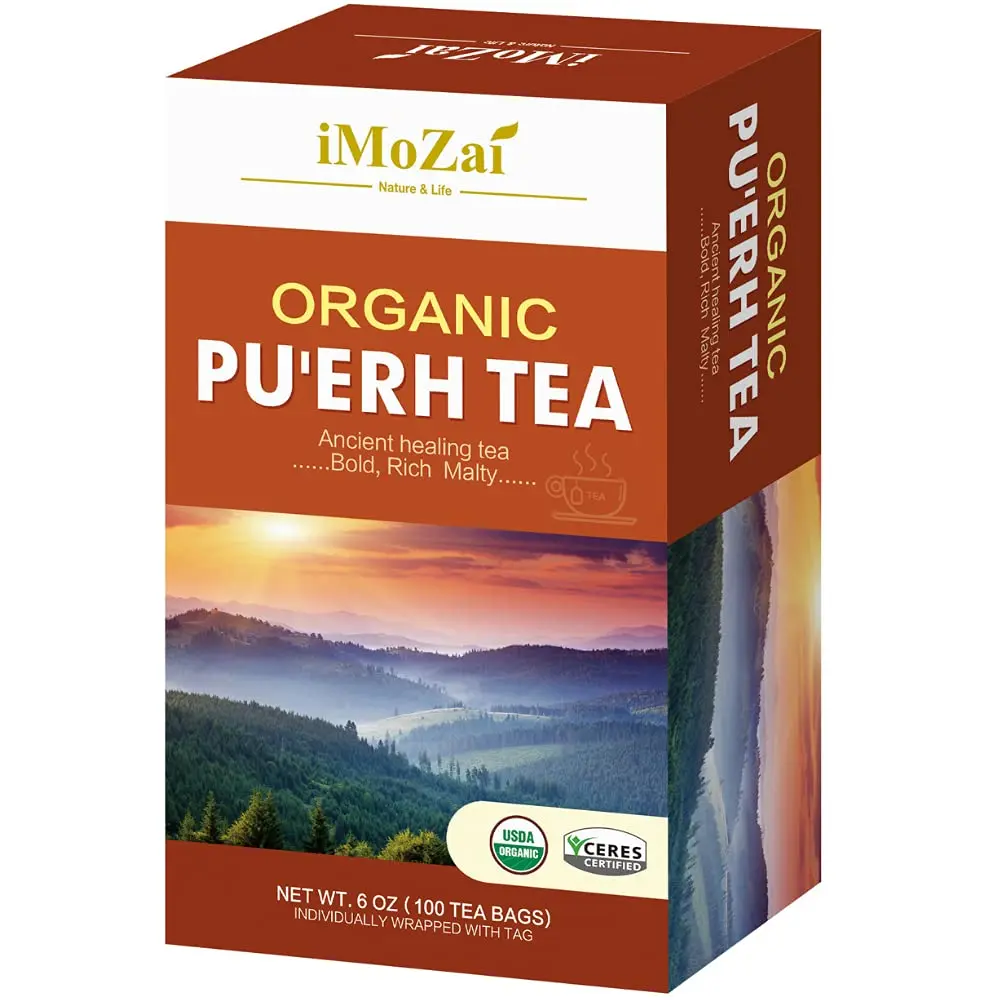 A box of iMoZai organic Pu'Erh Tea against a white background.