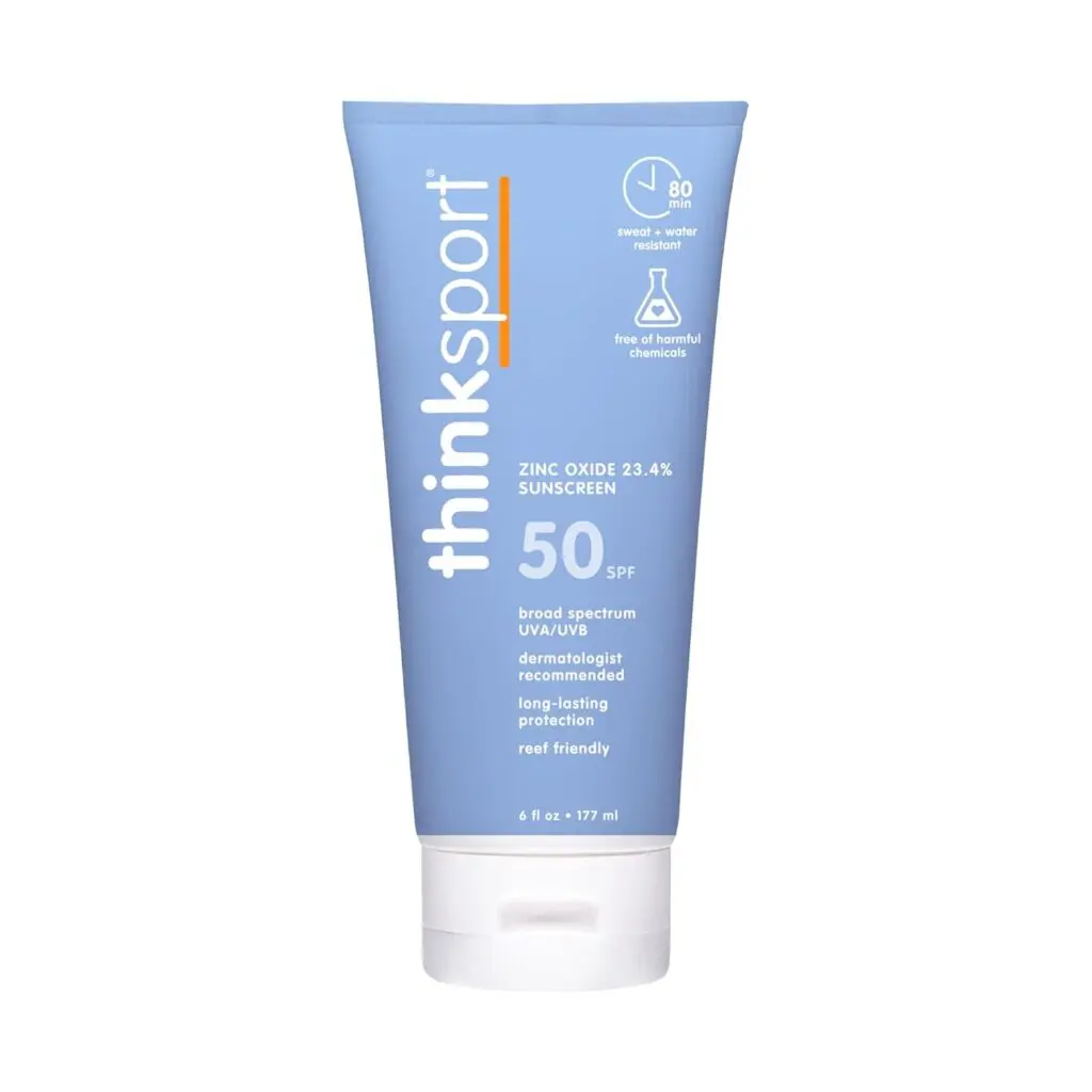 A bottle of Thinksport's Zinc Oxide sunscreen against a white background.