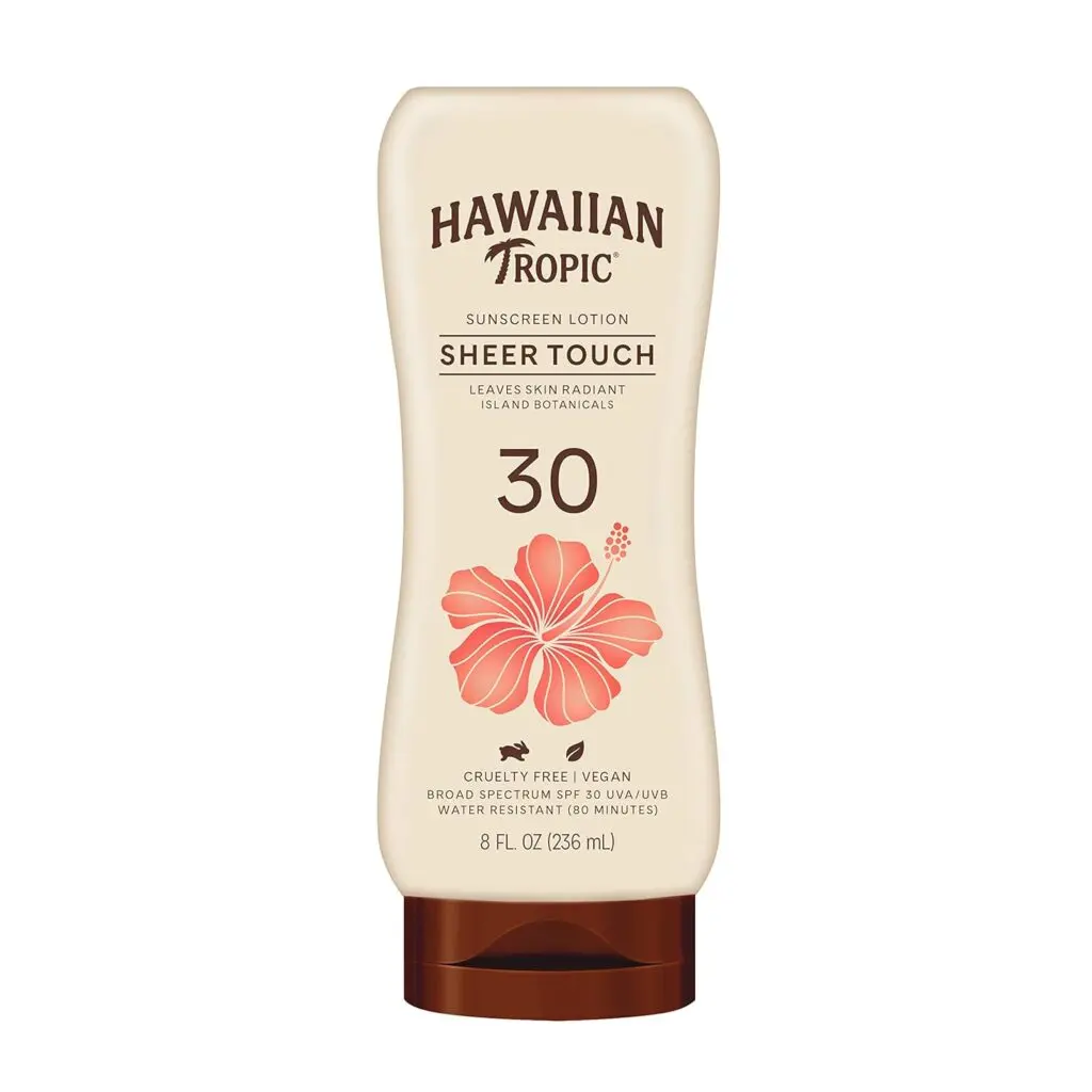 A bottle of Hawaiian Tropic's Sheer Touch sunscreen against a white background.
