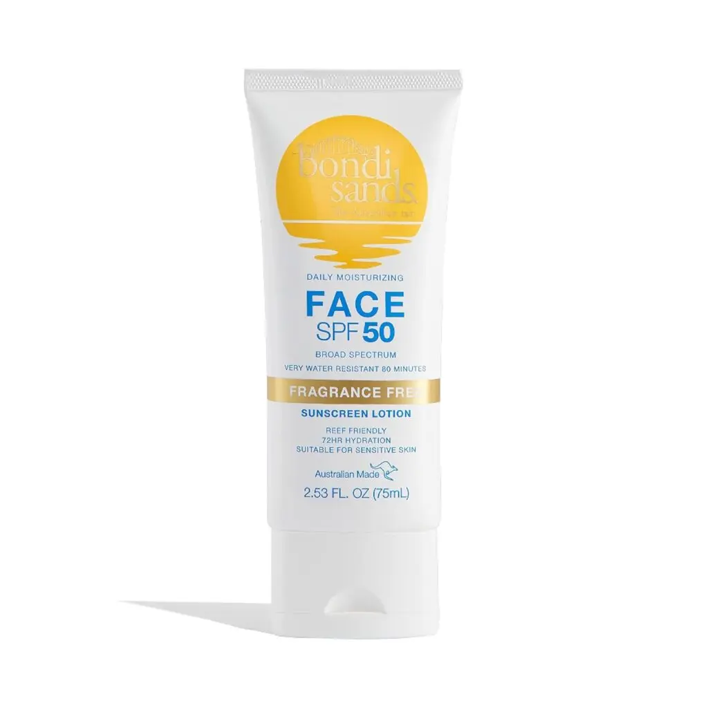 A bottle of Bondi Sand's Face Lotion sunscreen against a white background.