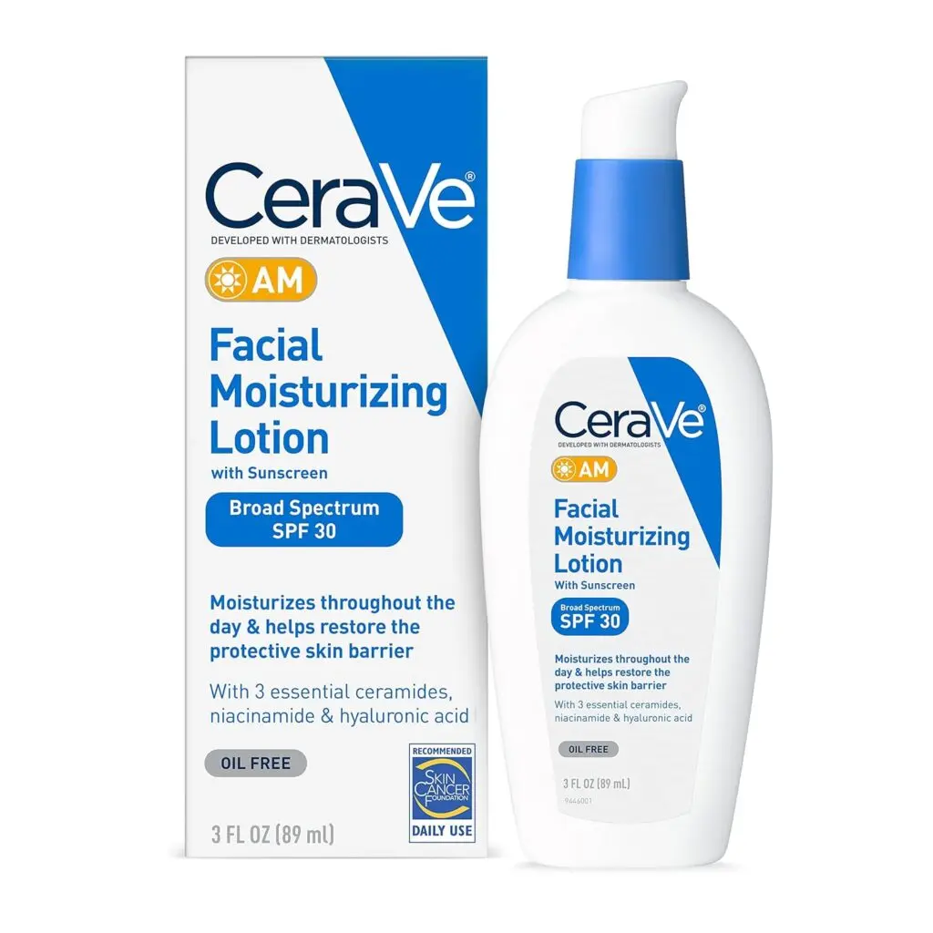 A bottle of CeraVe's Facial Moisturizing Lotion with SPF 30 against a white background.