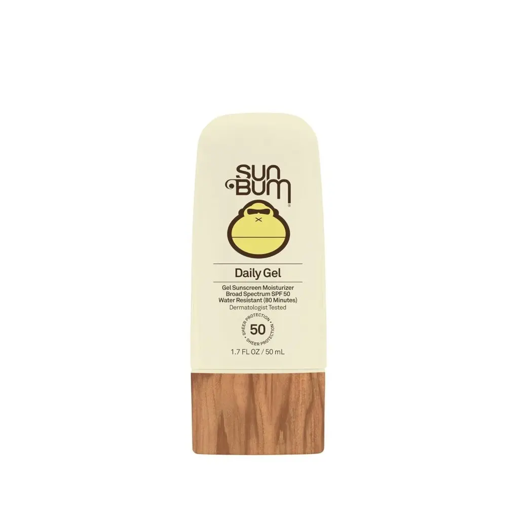 A bottle of Sun Bum's Daily Gel sunscreen against a white background.