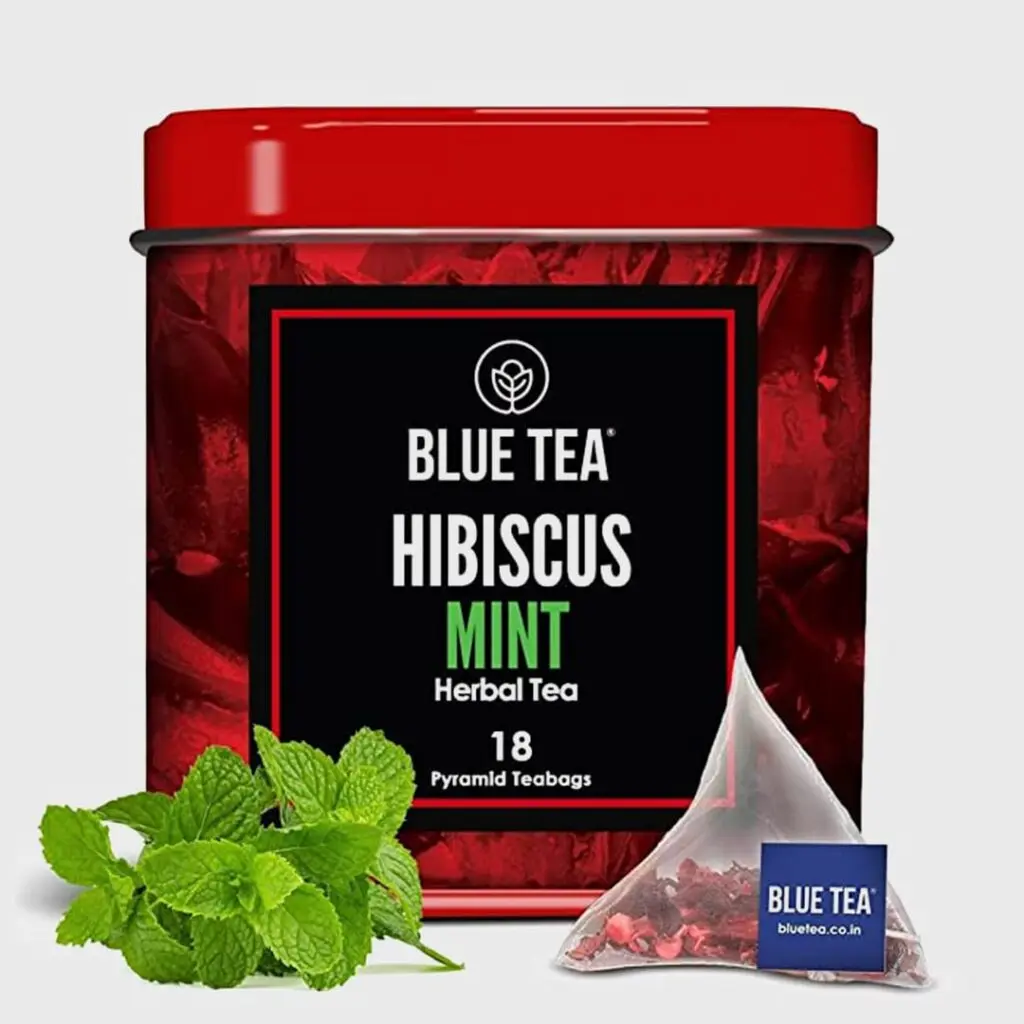 A box of Blue Tea Hibiscus Mint against a white background.