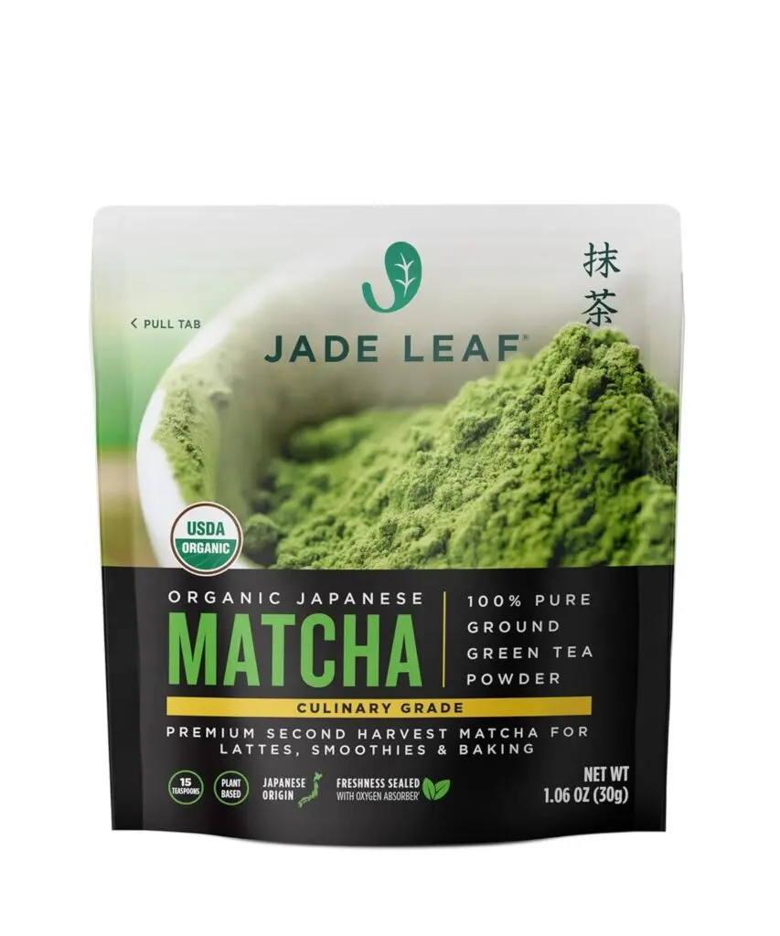A box of Jade Leaf Matcha tea against a white background.