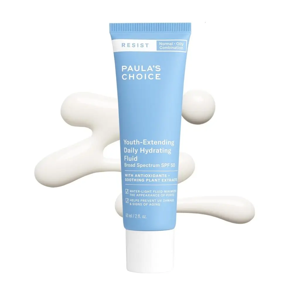 A bottle of Paula's Choice Youth-Extending Daily Hydrating Fluid sunscreen against a white background.