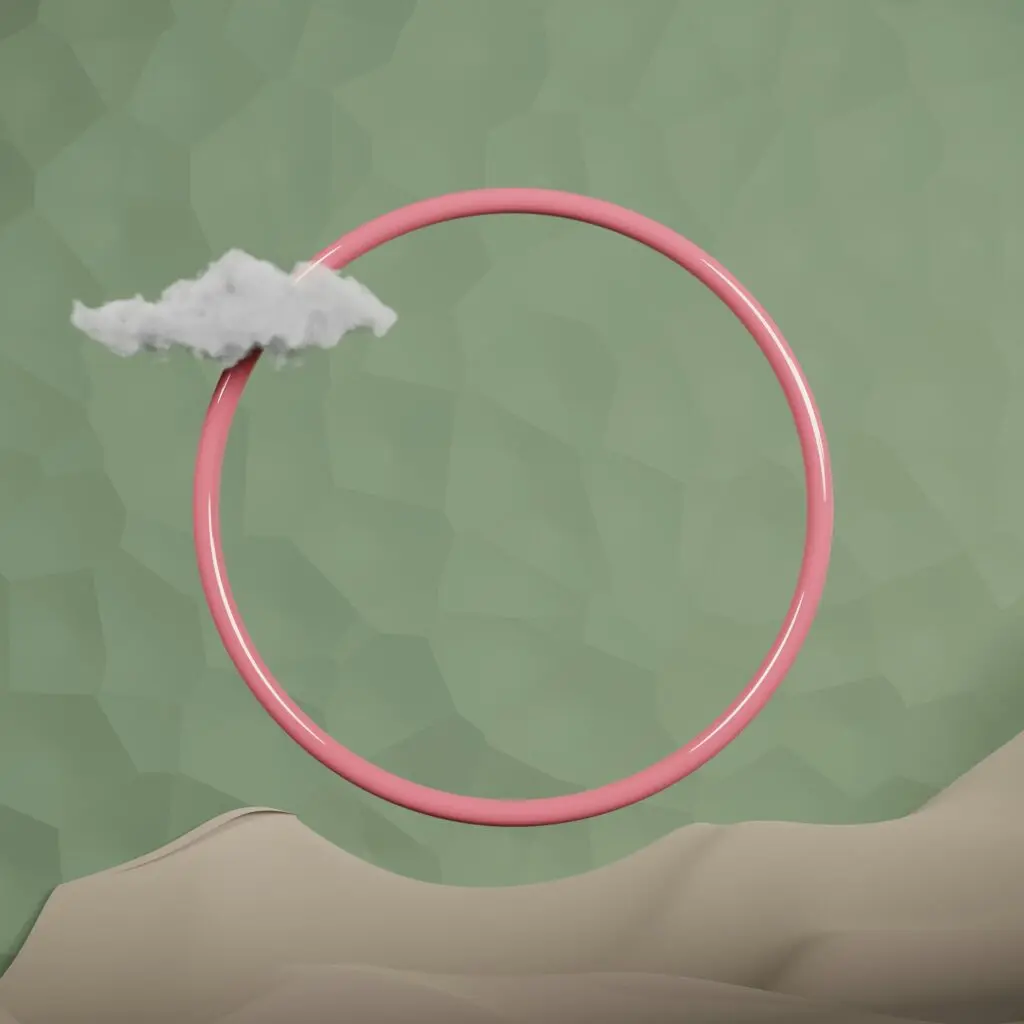 A pink hula hoop sits upright against a green background. Wavy brown lines are beneath it like mountain tops and a blurry cloud covers one part of the hula hoop.