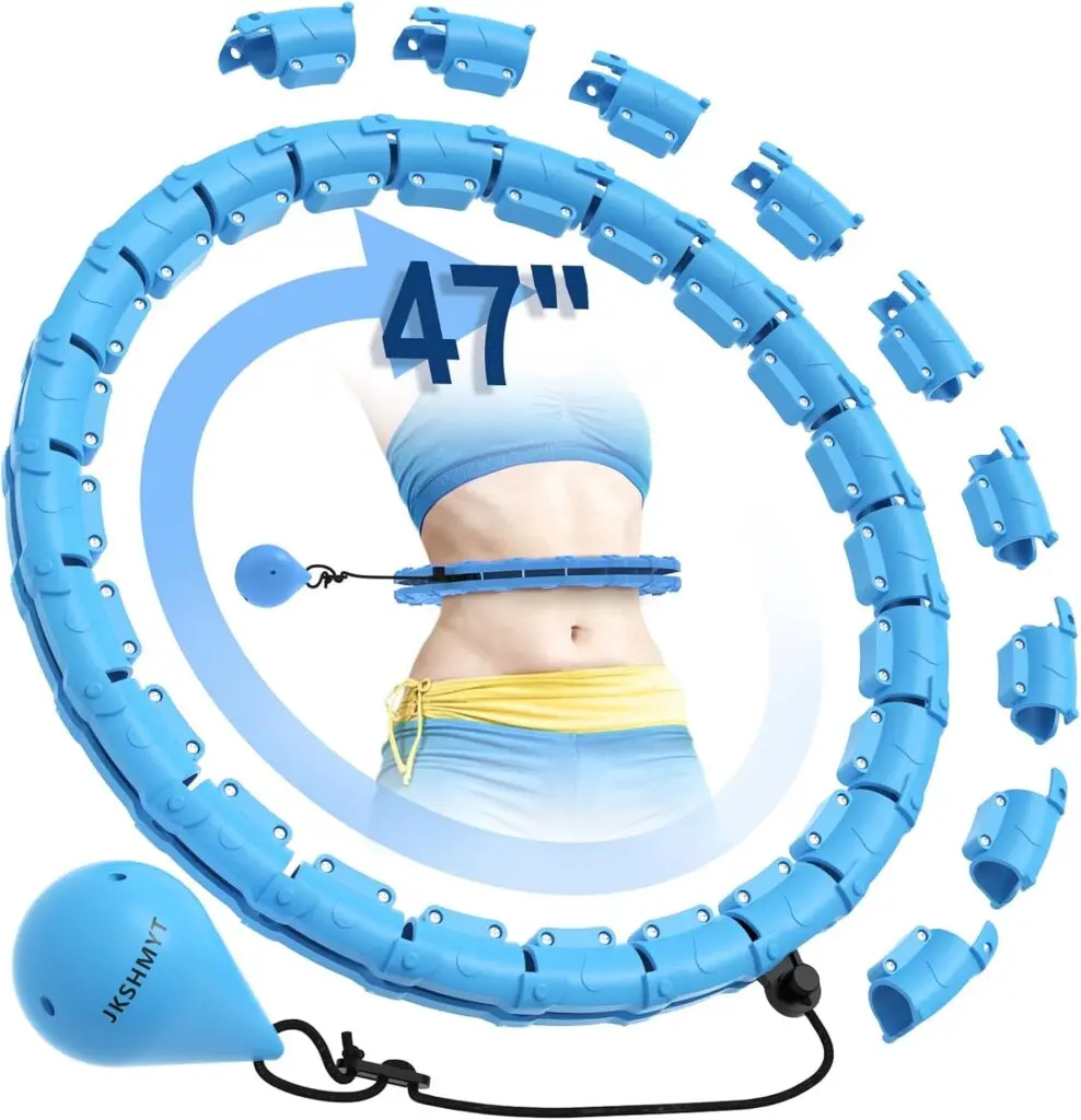 A blue hula hoop made of tiny linked pieces sits upright with 47" in the middle as text. A blue weight hangs off the hula hoop by a black string. A picture of someone using it while only in a blue sports bra and shorts is faded in the background.