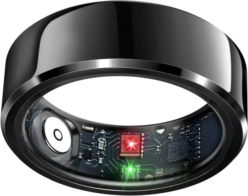 A shiny black Celestaura smart ring sits against a white background.