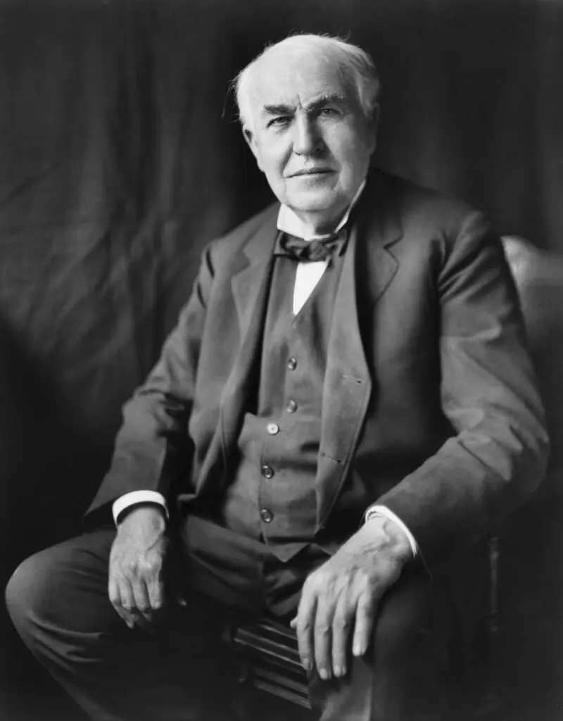 A black and white photograph portrait of Thomas Edison
