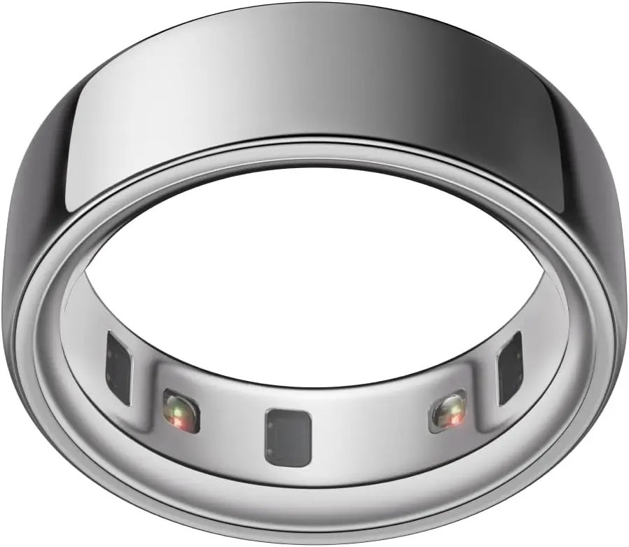A shiny silver Oura ring, 4th generation, sits against a white background. It's the most popular of all smart rings.