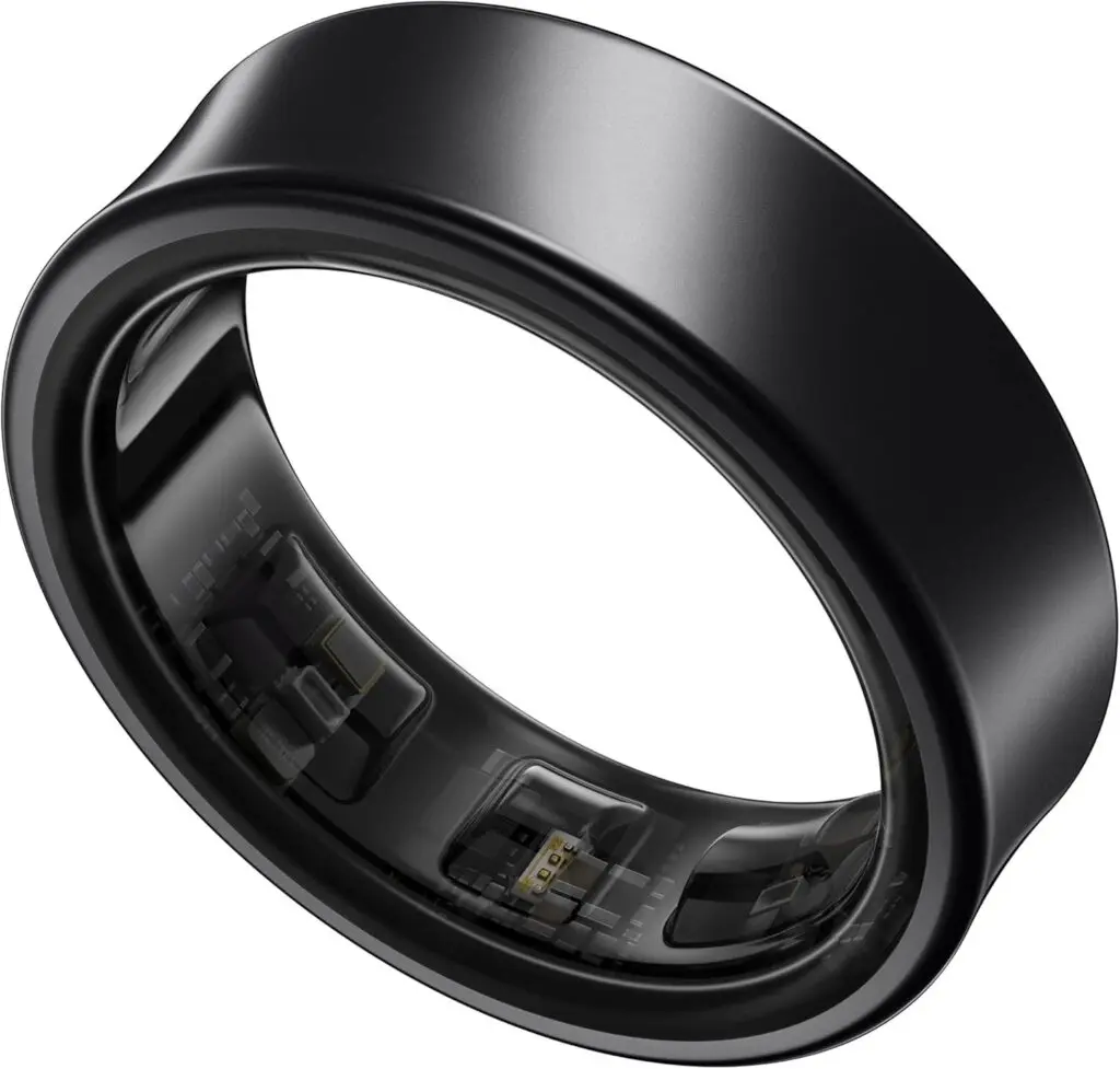 A black metallic Samsung smart ring sits against a white background.