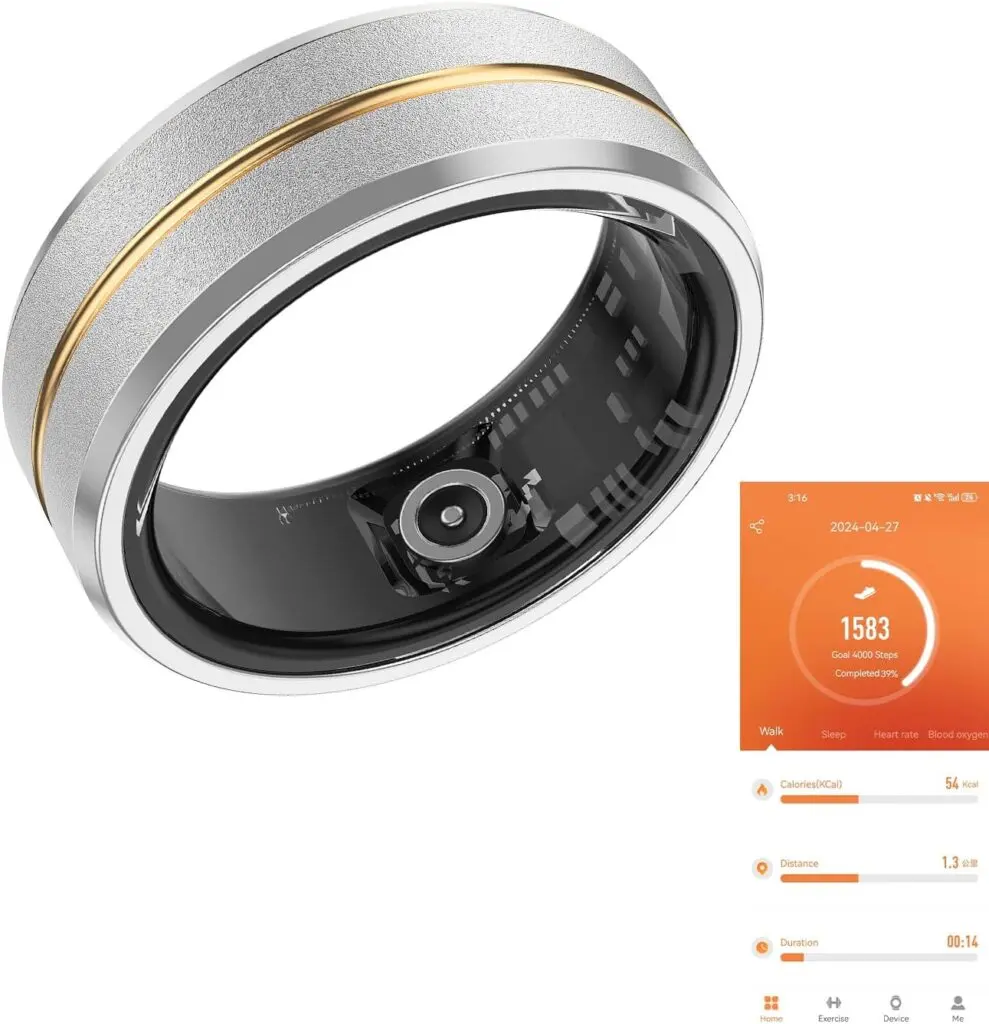 A Tulbeys fitness tracker ring sits against a white background. A screenshot of its app screen is in the bottom right, which is orange and white.