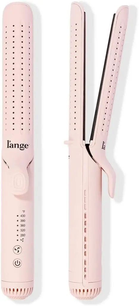 A pink L'ange styler sits against a white backround. One is sitting closed to show the air flow holes on the exterior and the other is lying on its side to show how it opens. It's one of the best Dyson Airwrap dupes.