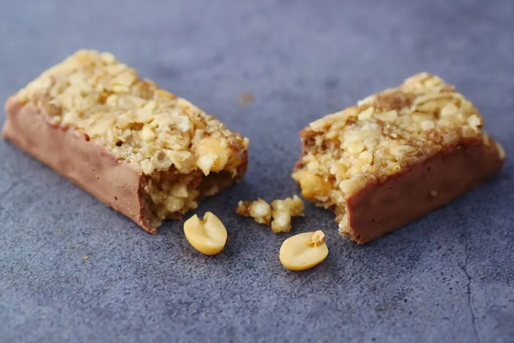 A protein bar broken in half