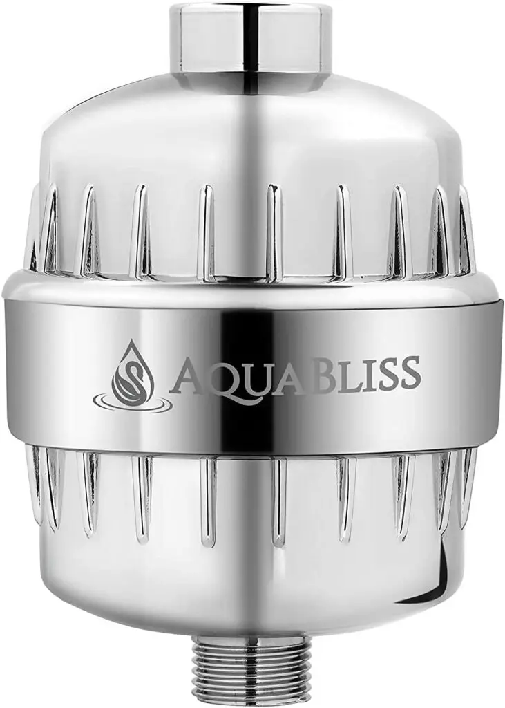 A silver AquaBliss water filter sits against a white background. It's the best shower filter for clear skin.