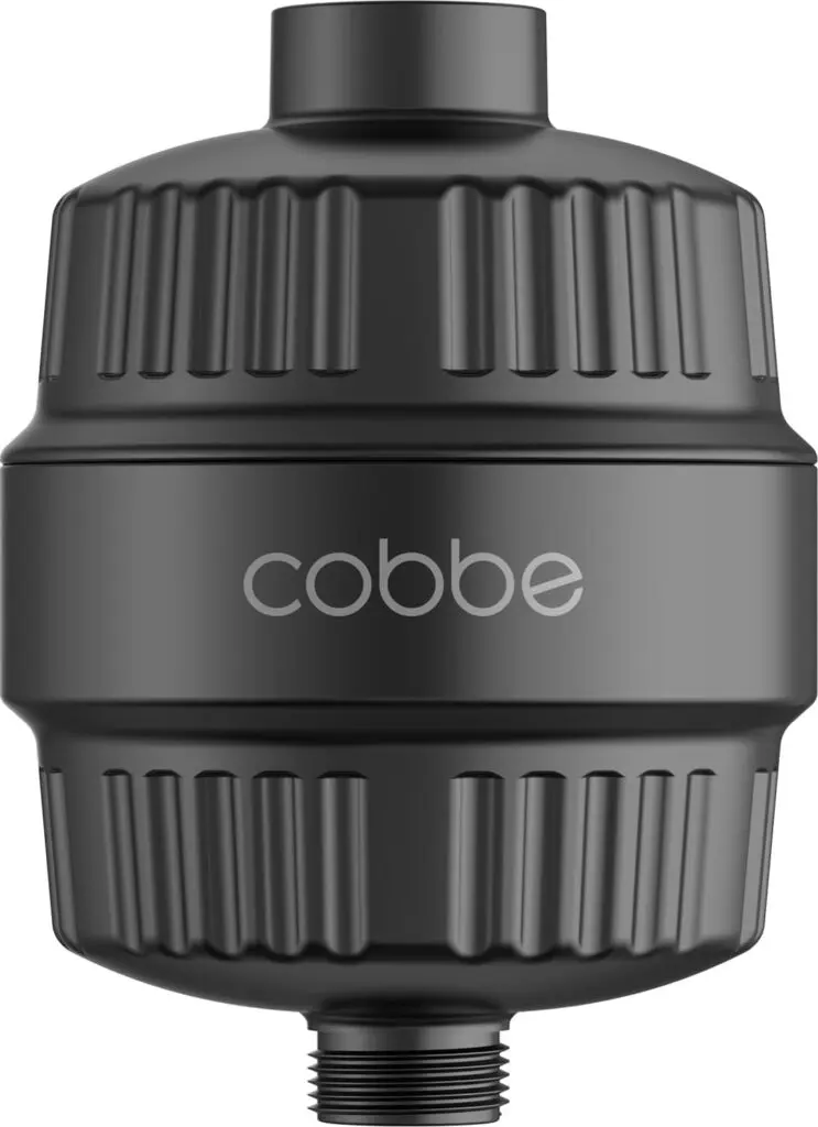 A Cobbe heavy duty water filter sits against a white background. It's black and solid.