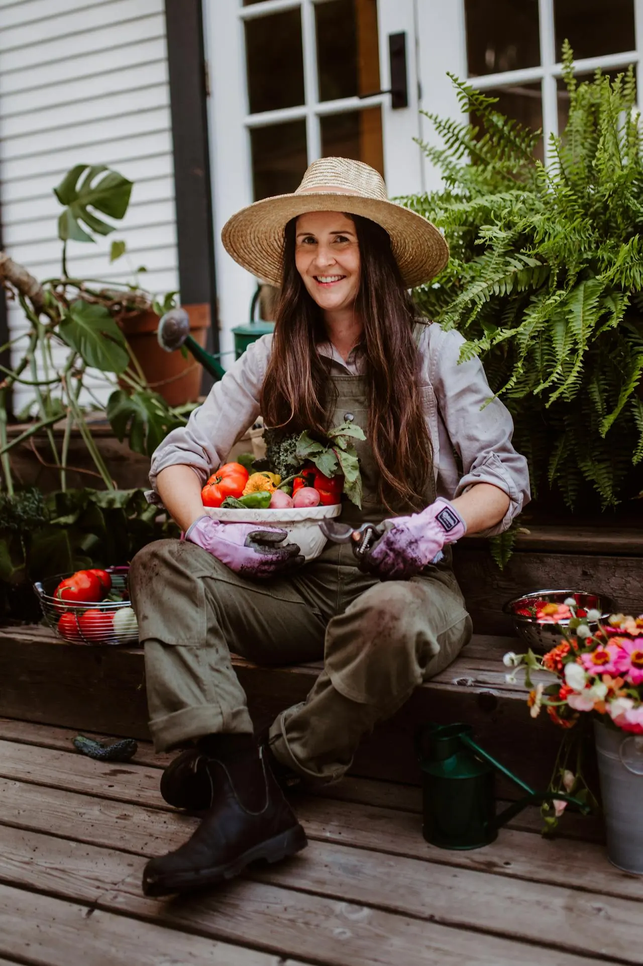 A gardener holding fresh vegetables