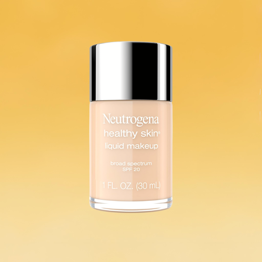 A gray and clear bottle of Neutrogena's Healthy Skin Liquid Makeup foundation sits against the yellow Body+Mind background.