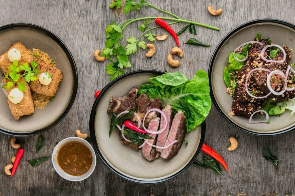 Cooked dishes on gray bowls