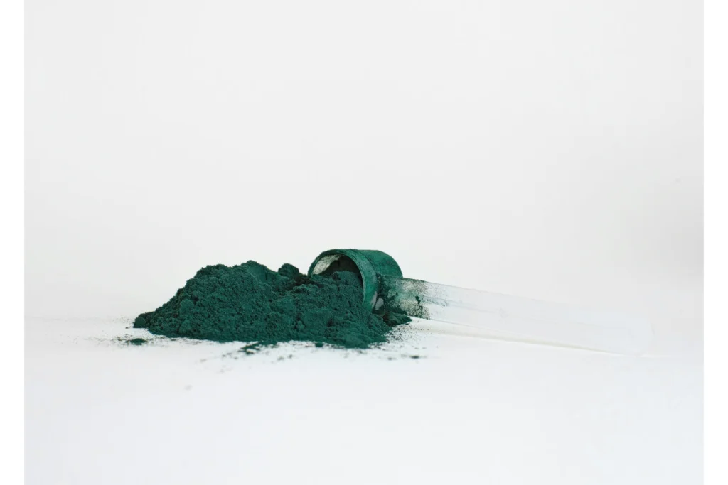 A scoop of spirulina powder against a white background