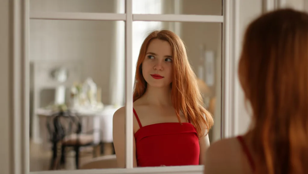 red-head woman in red dress looking in mirror