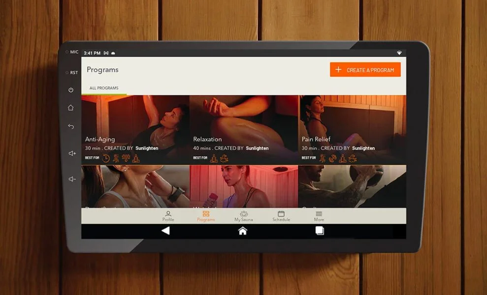The Sunlighten Smart Sauna Control features preset wellness programs for a personalized sauna experience