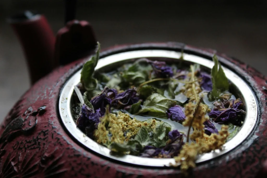 Herbal tea steeping in a teapot with red liquid and a leafy plant