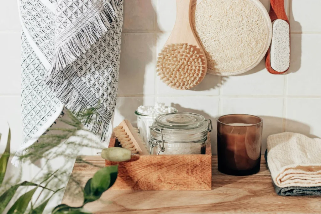 Shower products, including a towel, natural fiber brushes and a jar of bath salts
