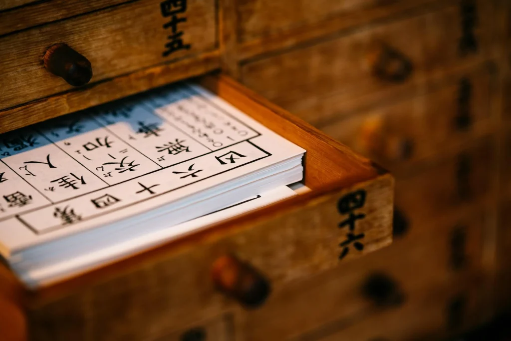 Wooden apothecary cabinet with rows of small drawers used for traditional Chinese medicine herbs