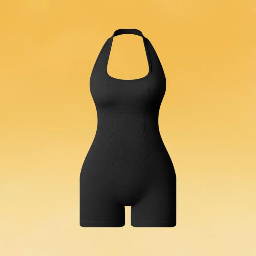A sleek black bodysuit with a halter design