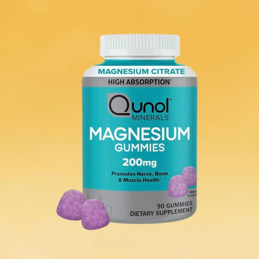 Turquoise bottle of Qunol Magnesium Gummies labeled 200mg, with 90 gummies. The bottle promotes nerve, bone and muscle health. It includes a picture of berry-flavored purple gummies.