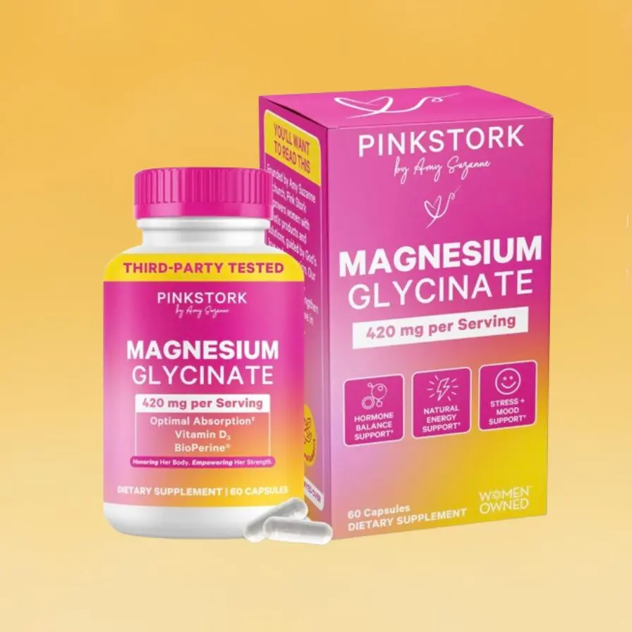 Pink box and bottle of Pink Stork Magnesium Glycinate, highlighting 420 mg per Serving. The label emphasizes hormone balance, energy support, stress support and woman-owned.