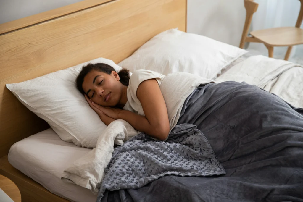 Woman asleep on bed covered in gray blanket