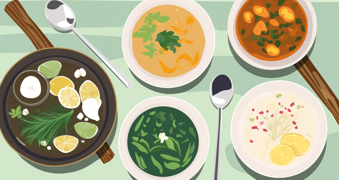 Five bowls of vegan soup n a table
