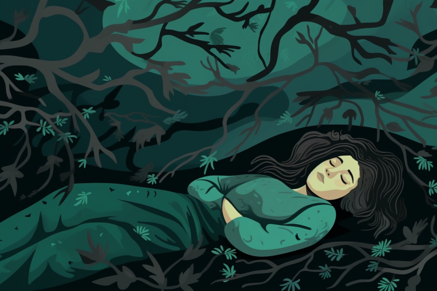 A woman sleeping in a creepy forest