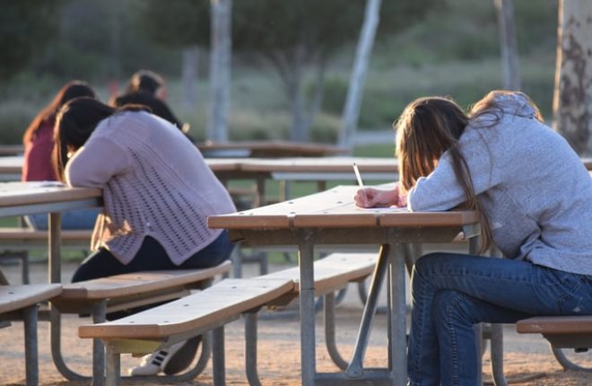 people sitting at outdoor picnic tables