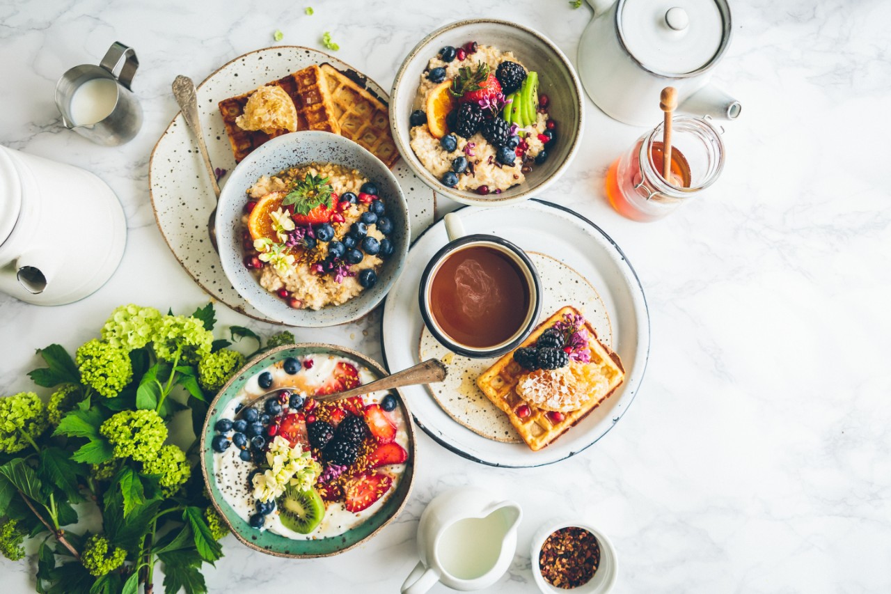 Plates of breakfast foods