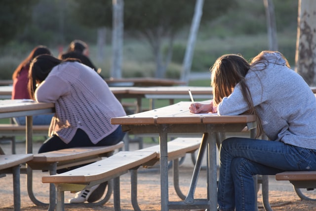 people sitting at outdoor picnic tables