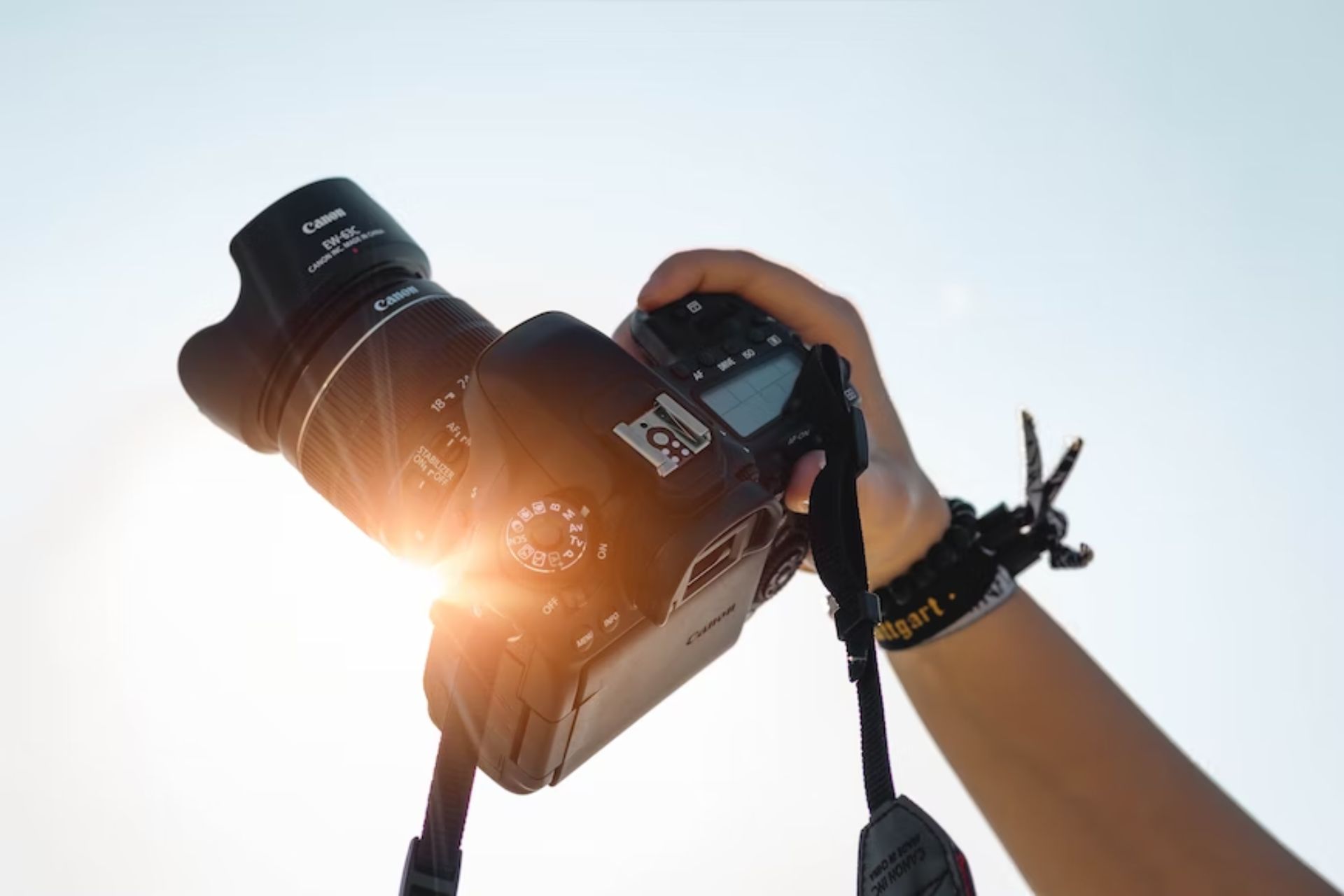 A person holds their camera to the sun, almost triumphantly, as if they know how to start a photography business successfully.