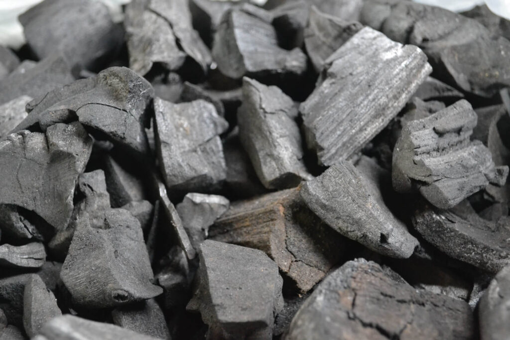 Rectangular blocks of charcoal sit in an unseen container. They're under bright light and have shades of light gray to dark gray.