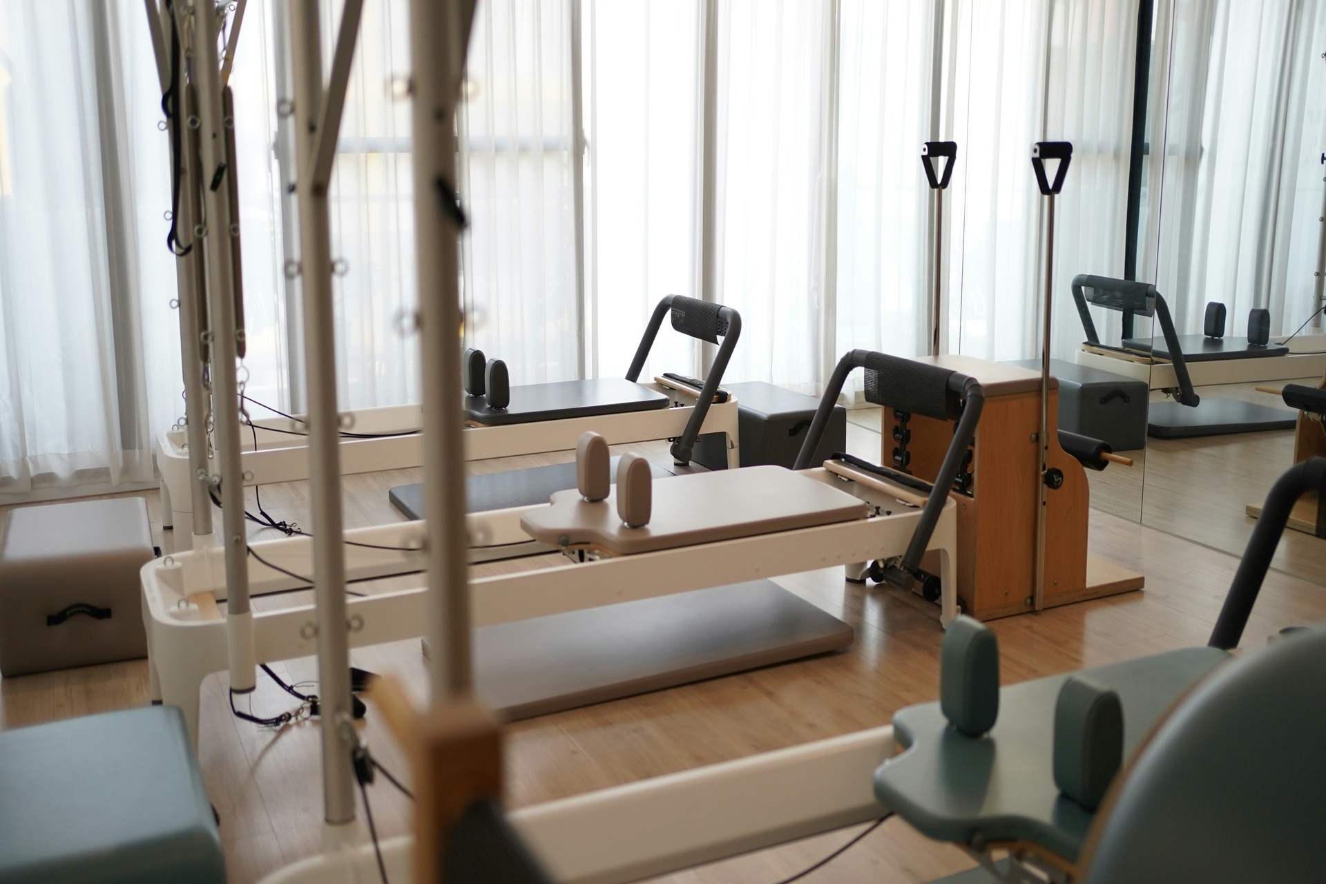 Pilates workout equipment in a studio