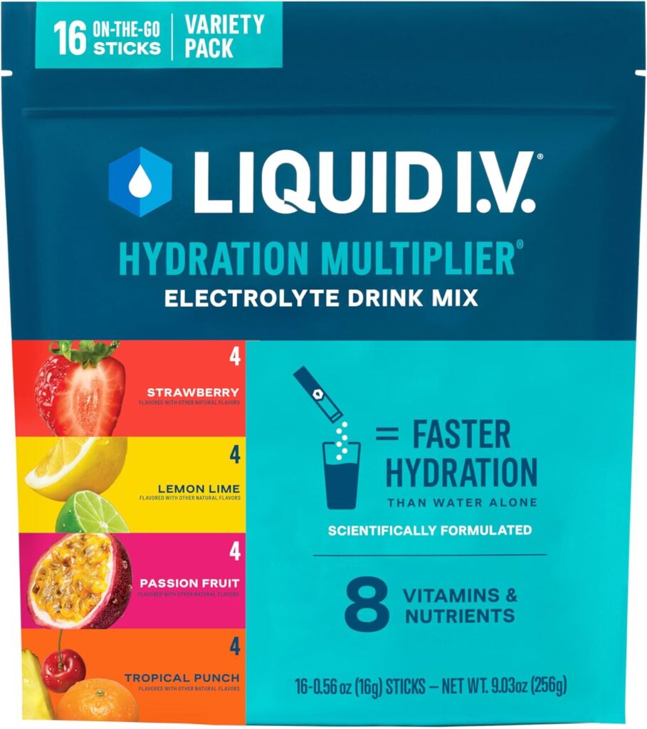 A pack of Liquid IV hydration multiplier packets in a four-flavor variety pack.