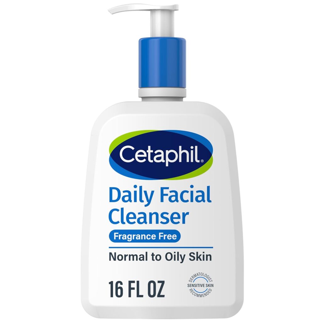 A bottle of Cetaphil Daily Facial Cleanser Fragrance-Free sits against a white background.