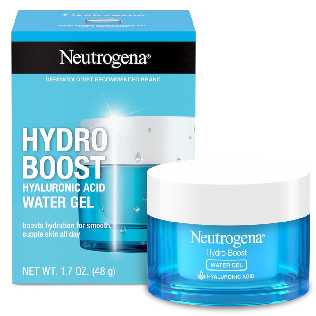 A bottle of Neutrogena Hydro Boost Hyaluronic Acid sits against a white background with the blue box it comes in.