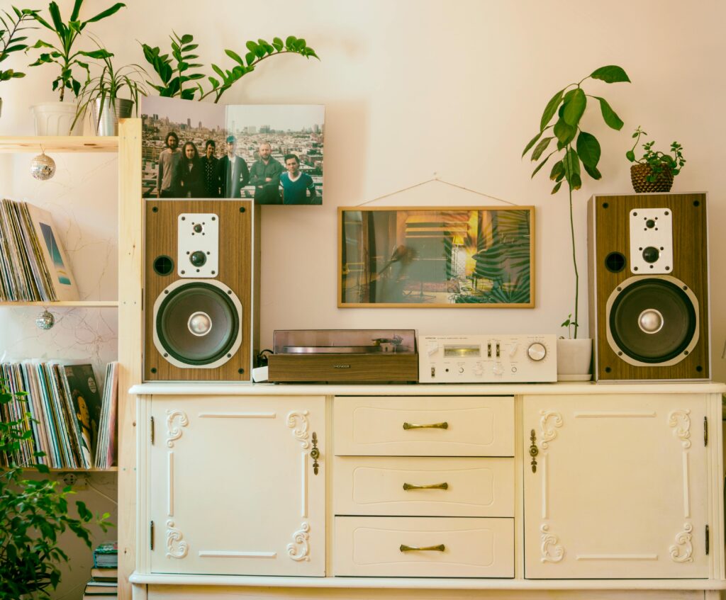 A table littered with stereos, records and plants 