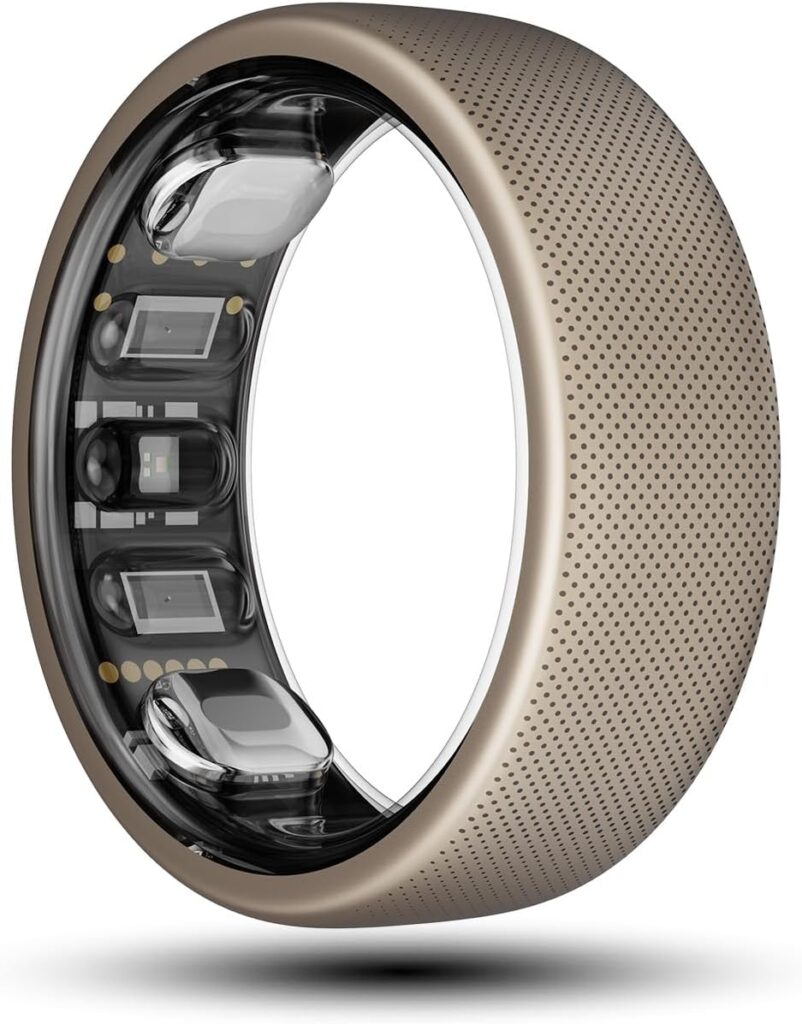 A light brown Amazfit ring with tiny dots all over the exterior sits against a white background. It's one of the leading smart rings.