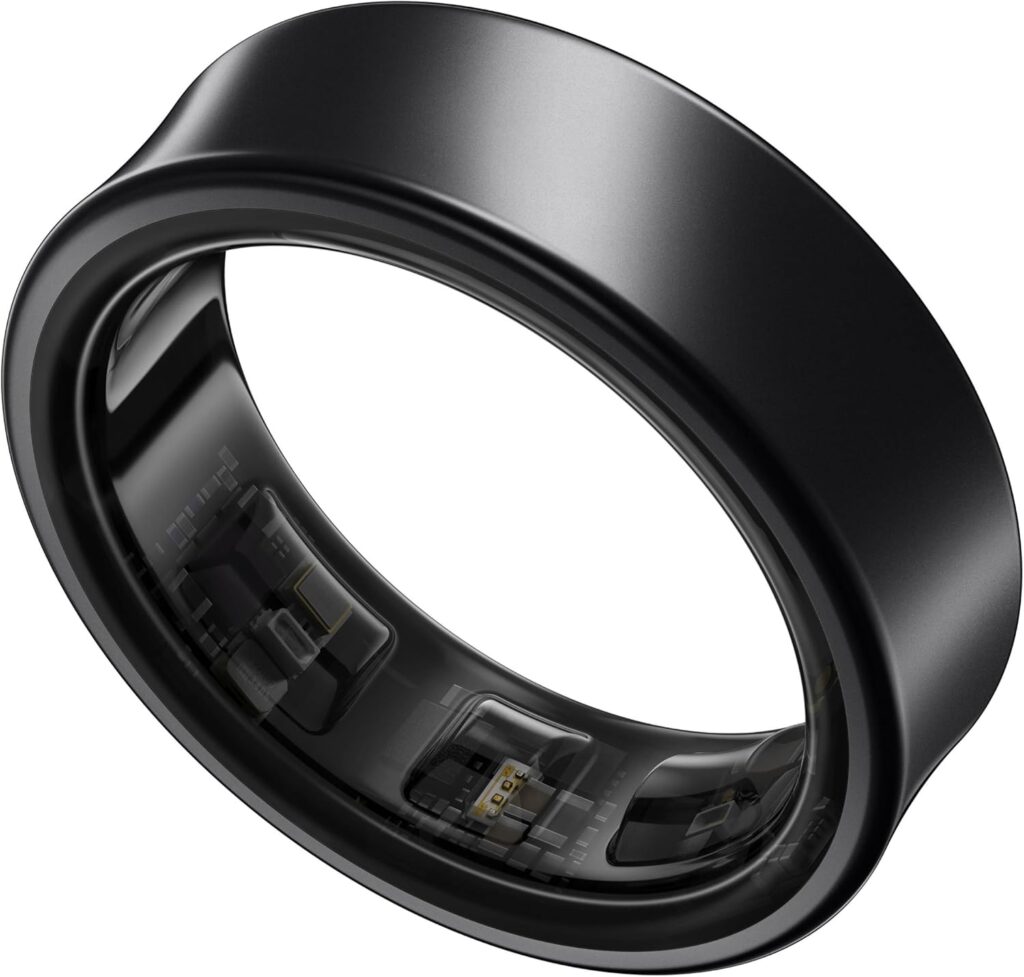 A black metallic Samsung smart ring sits against a white background.